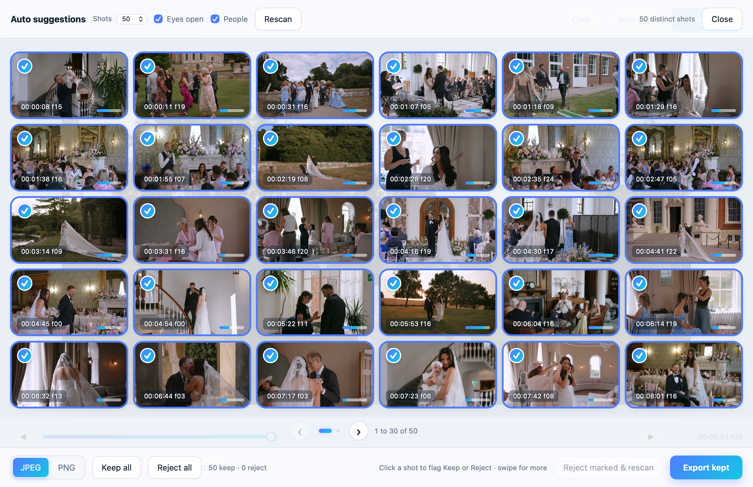 Frameworthy’s Auto suggestions view: thirty of fifty stills picked from a whole wedding film, each with its timecode, ready to keep or reject, with a pager to swipe through the rest and export in one go