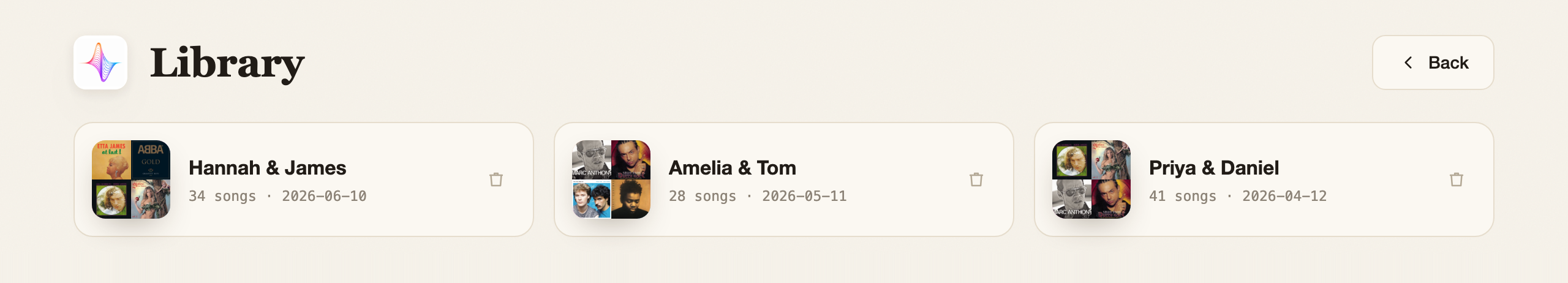 Setlist’s library: saved weddings, each under the couple’s name with a mosaic of the album covers found