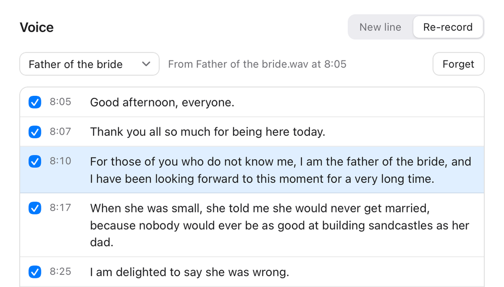Trimelect’s Voice sheet on Re-record: a saved voice called Father of the bride, learned from the recording at 8:05, and the speech’s lines from 8:05 onwards, each ticked and editable, the line at 8:10 lit as its take plays